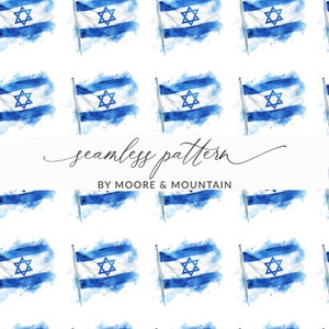 May include: A seamless pattern featuring watercolor illustrations of the Israeli flag. The flag is blue and white with a six-pointed star in the center. The pattern is perfect for creating a patriotic or celebratory design.