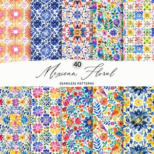 40 modelli messicani Talavera senza cuciture Modelli messicani dipinti carini Set di modelli di piastrelle messicane Motivi floreali messicani senza cuciture per uso commerciale