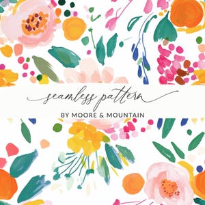 Può includere: Un design a motivo floreale senza cuciture su sfondo bianco. Il design presenta pennellate colorate di fiori e foglie rosa, gialle, arancioni e verdi. È incluso anche il testo "seamless pattern" e "BY MOORE & MOUNTAIN".