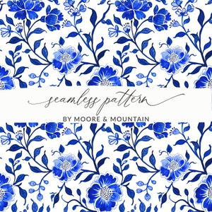 Seamless Blue Painted Chinoiserie, Painted Blue Chinoiserie Chinese Floral Print, Blue Watercolor Chinoiserie Floral Pattern, Seamless China