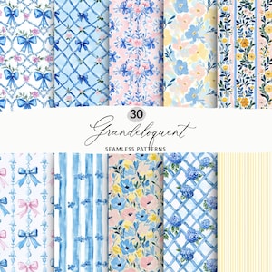 May include: A set of 30 watercolor seamless patterns featuring floral designs, bows, and geometric patterns in shades of blue, pink, and yellow. The patterns are perfect for creating digital or printed designs for fabrics, wallpaper, stationery, and more.
