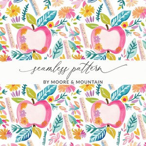 Puede incluir: Un patrón sin costuras con manzanas rosas, reglas y flores coloridas sobre un fondo blanco. El diseño incluye el texto "seamless pattern" y "BY MOORE & MOUNTAIN". El estilo es de acuarela.