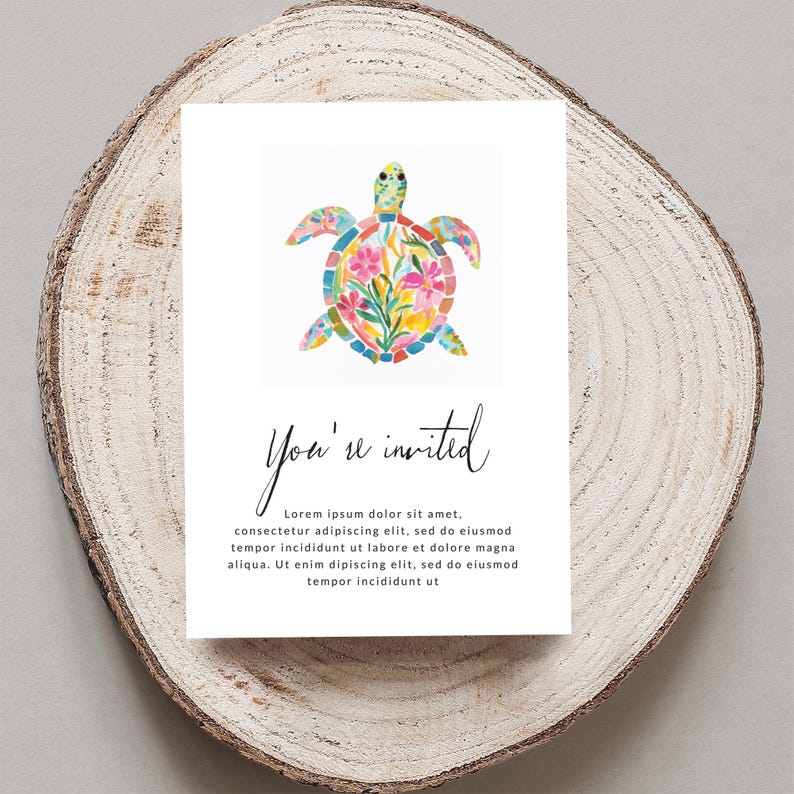 Colorful Turtle Invitation, Sea Turtle Themed Invite, Ocean Party Invite, Floral Turtle Design, Under the Sea Party, Set of Invitations