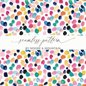 May include: A seamless pattern design featuring colorful brushstrokes in shades of pink, blue, yellow, orange, green, and black on a white background. The text "seamless pattern" and "BY MOORE & MOUNTAIN" are displayed on a white banner.