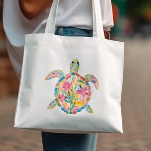 Colorful Turtle Print Tote Bag, Eco-Friendly Reusable Shopping Bag, Beach Bag, Summer Tote, Cute Animal Design, Gift for Her