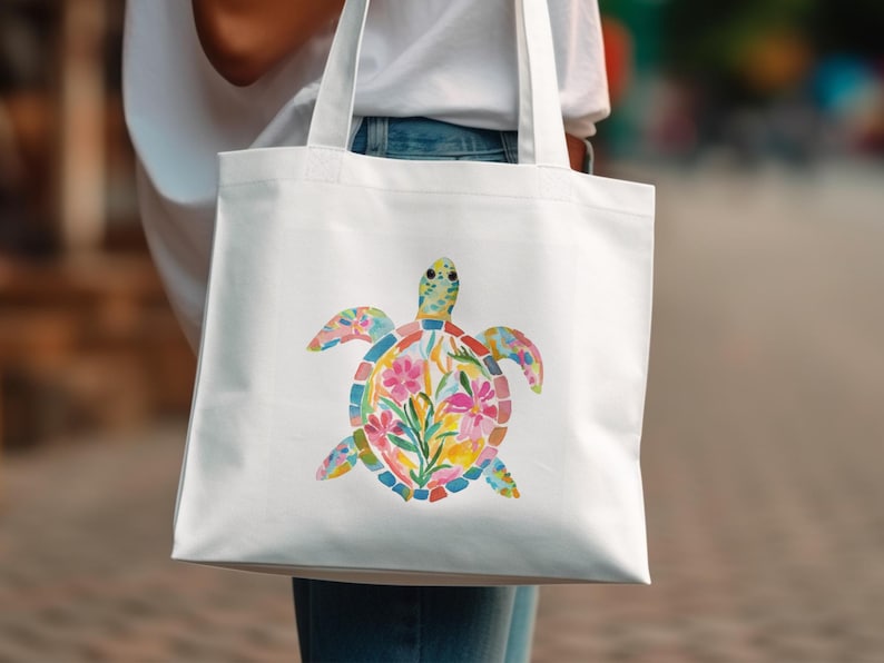 Colorful Turtle Print Tote Bag, Eco-Friendly Reusable Shopping Bag, Beach Bag, Summer Tote, Cute Animal Design, Gift for Her