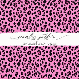 May include: Seamless pattern featuring a vibrant pink background with black leopard spots. The design includes the text "seamless pattern" and "BY MOORE & MOUNTAIN" in a white banner across the image. This pattern is suitable for various applications.