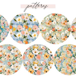 May include: Nine different floral patterns in a circle shape. Each pattern features a variety of flowers in shades of pink, yellow, and white on a light blue background.