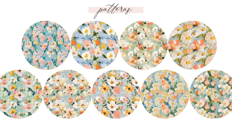 May include: Nine different floral patterns in a circle shape. Each pattern features a variety of flowers in shades of pink, yellow, and white on a light blue background.