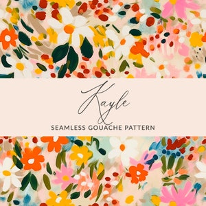 May include: A seamless pattern featuring a colorful floral design with pink, yellow, red, blue, and green flowers on a light beige background. The text "Kayle Seamless Gouache Pattern" is displayed below the floral design.