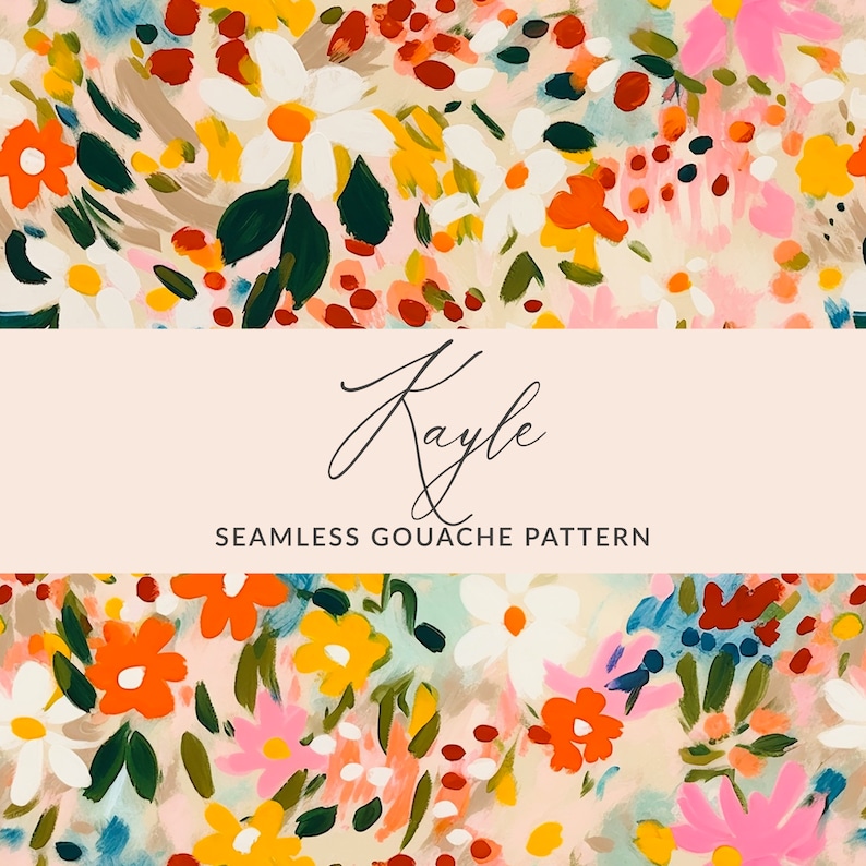 Pu&ograve; includere: Un motivo floreale senza cuciture con fiori rosa, gialli, rossi, blu e verdi su uno sfondo beige chiaro. Il testo "Kayle Seamless Gouache Pattern" &egrave; visualizzato sotto il motivo floreale.