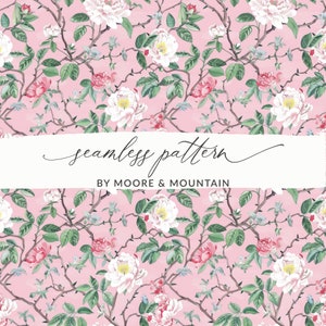 Rosa Chinoiserie-mönster, rosa blommor och vinrankor, nätt blommigt vinrankemönster, vintageblomma- och grenmönster för kommersiellt bruk