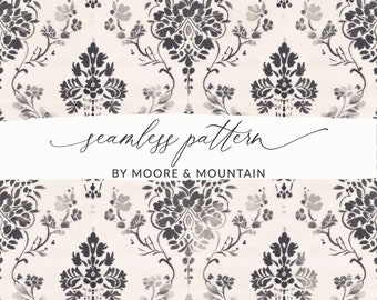 May include: A seamless pattern featuring a black and white damask design on a light beige background. The pattern is repeated throughout the image. The text "seamless pattern" and "BY MOORE & MOUNTAIN" is displayed in a white banner across the middle of the image.
