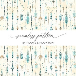 Pode incluir: Um padrão sem costura com um design repetitivo de flechas de aquarela azuis e douradas sobre um fundo creme. O texto "seamless pattern" e "BY MOORE & MOUNTAIN" é exibido no centro da imagem.