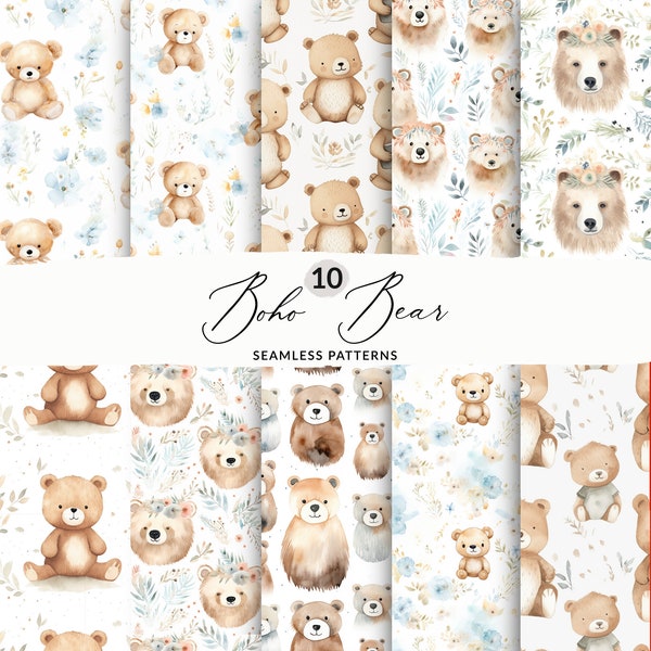 Seamless Bear File PNG, Boho Bear Seamless Pattern, Watercolor Bear Seamless Pattern Set, Teddy Bear Seamless, Baby Bear, Commercial Use