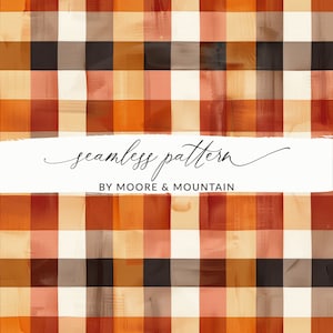 Puede incluir: Patrón sin costuras en colores cálidos otoñales. El patrón presenta un diseño a cuadros con tonos de naranja, marrón, rojo y beige. El texto "seamless pattern" y "BY MOORE & MOUNTAIN" es visible en el centro de la imagen.