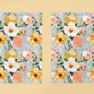 May include: A seamless pattern featuring a repeating design of colorful flowers on a light blue background. The flowers are painted in a loose, abstract style and include shades of pink, yellow, white, and orange.