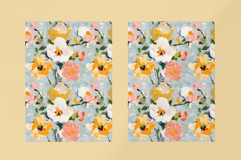 May include: A seamless pattern featuring a repeating design of colorful flowers on a light blue background. The flowers are painted in a loose, abstract style and include shades of pink, yellow, white, and orange.