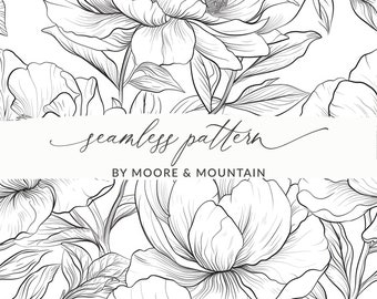 Black and White Line Art Floral Blossom Line Art Seamless Background Pattern, Black and White Flowers Line Art Peony Pattern