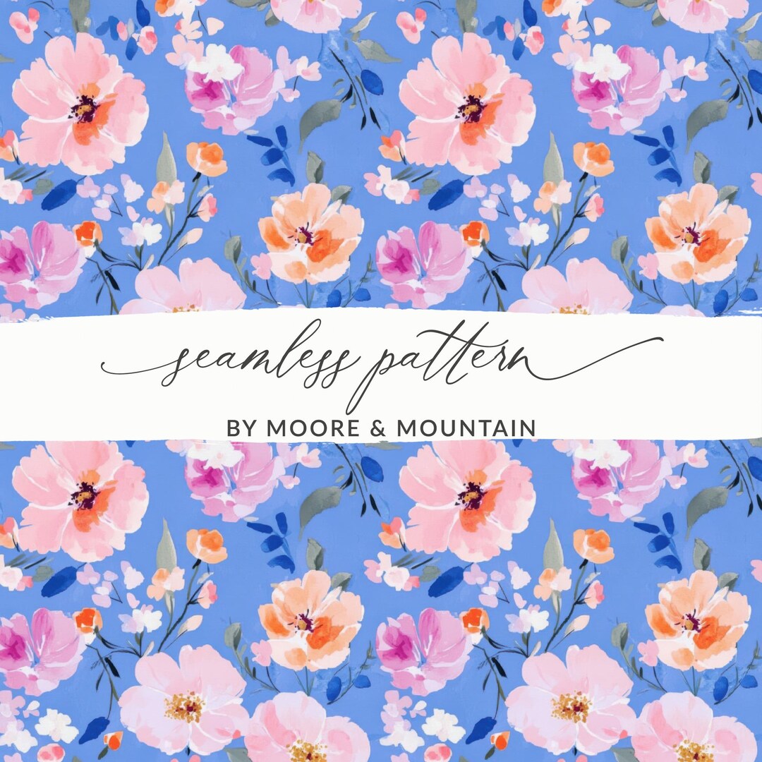 Blush Floral Digital Pattern, Blue and Pink Watercolor Flower Pattern ...