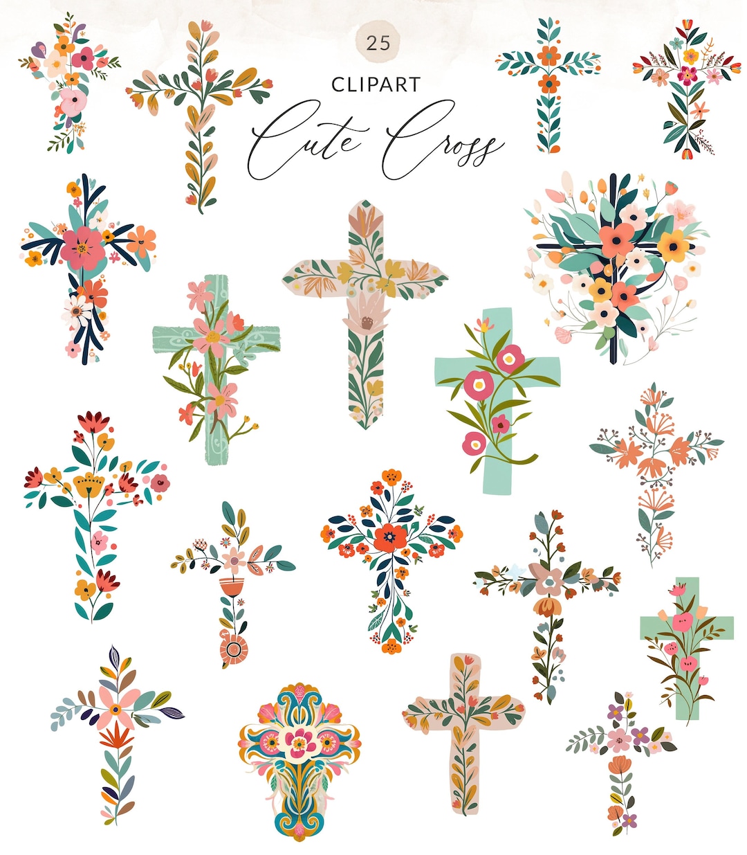 Spring Cross Clipart, Cute Floral Easter Cross Clipart, Flower Crosses ...