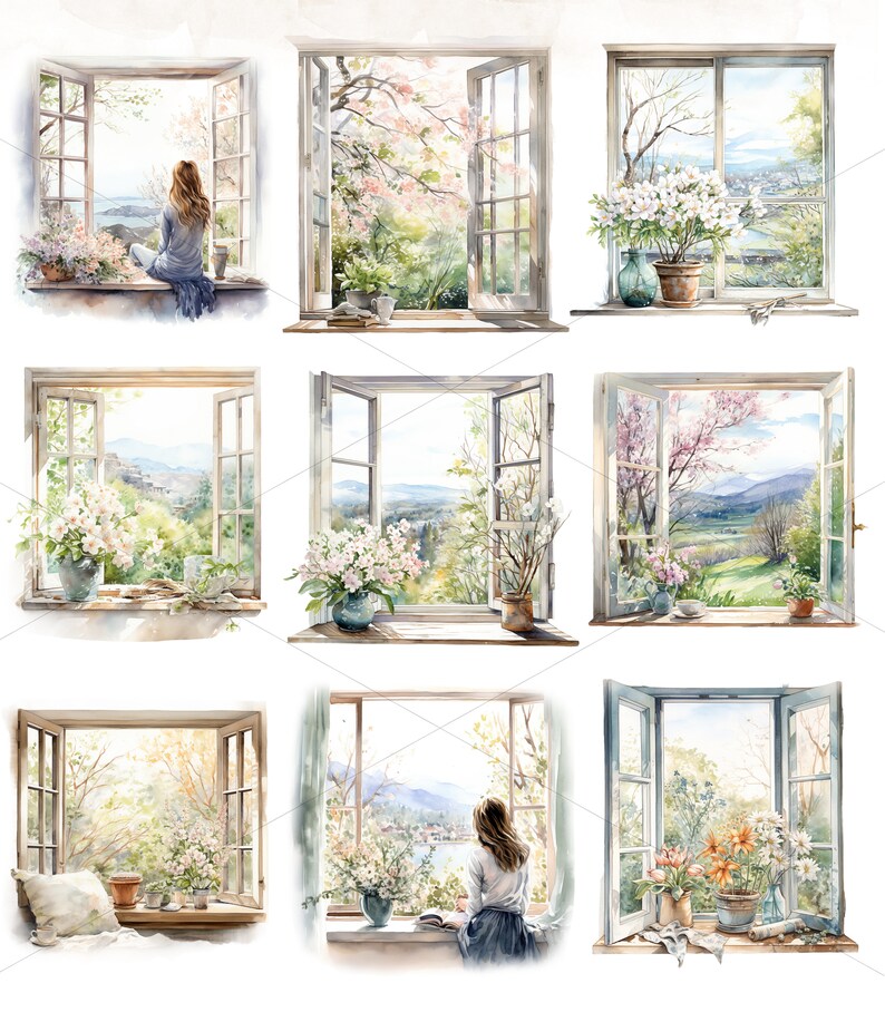 25 Watercolor Spring Windows Clipart Spring Window Scene Spring ...