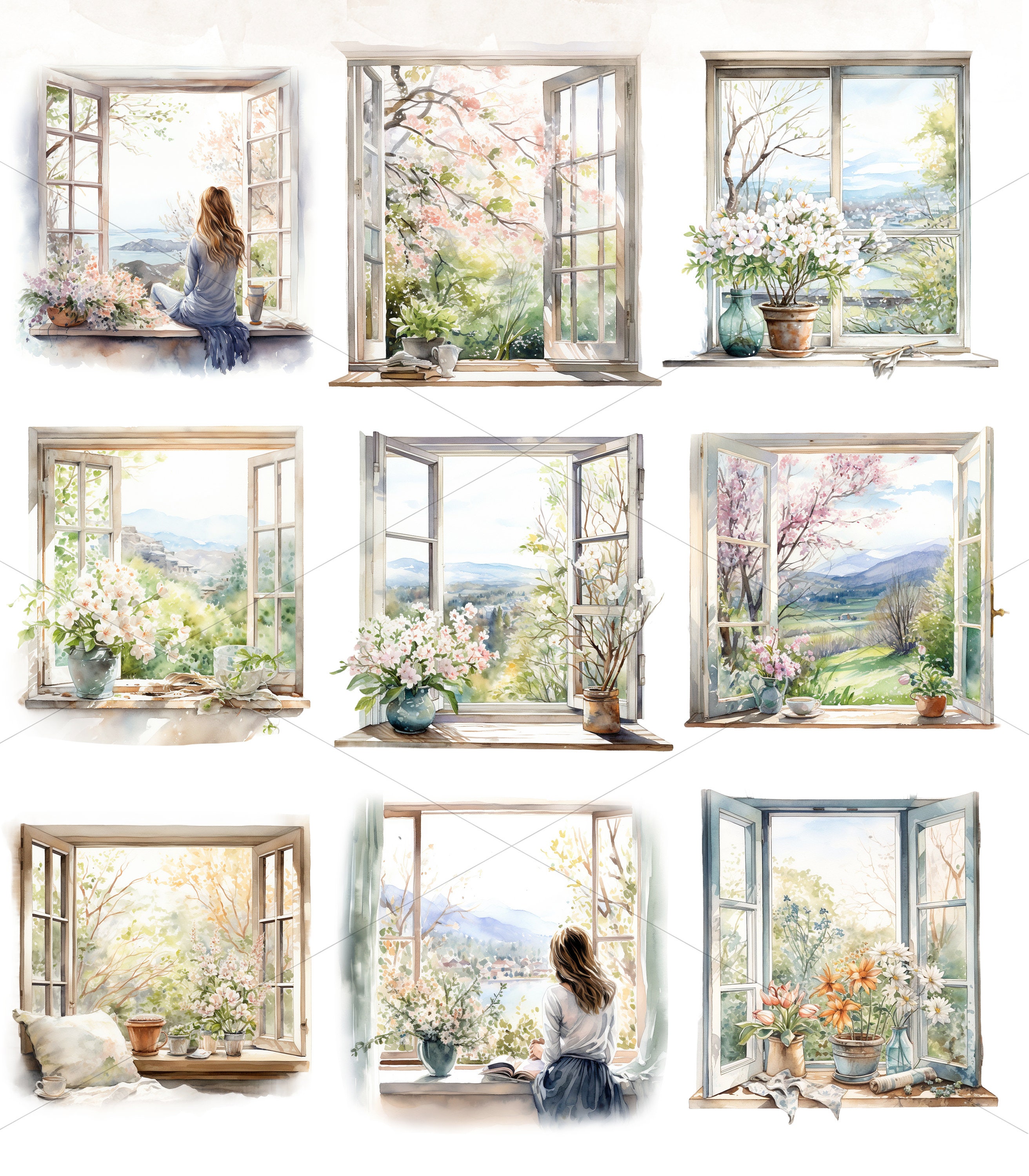 Printable Window Spring Scene 25 Watercolor Spring Windows Clipart Spring Window Scene Spring ...