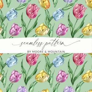 Naadloos geschilderde tulpen lentepatroon, herhalende aquarel tulpen paaspatroon, salie groene tulpen png-bestand voor stofontwerp, artistiek