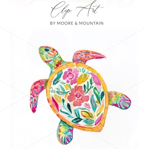 May include: Watercolor clip art of a sea turtle with a floral design. The turtle's shell is filled with pink flowers and green leaves, outlined in yellow. The text "PNG + SVG Clip Art BY MOORE & MOUNTAIN" is at the top.