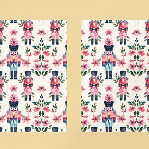 May include: A seamless pattern featuring watercolor illustrations of nutcracker soldiers and pink flowers on a white background.