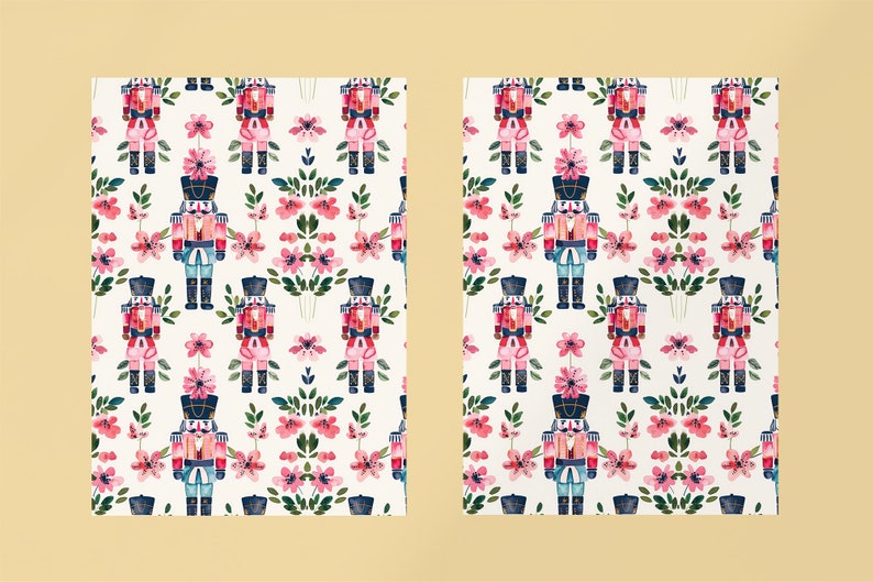 May include: A seamless pattern featuring watercolor illustrations of nutcracker soldiers and pink flowers on a white background.