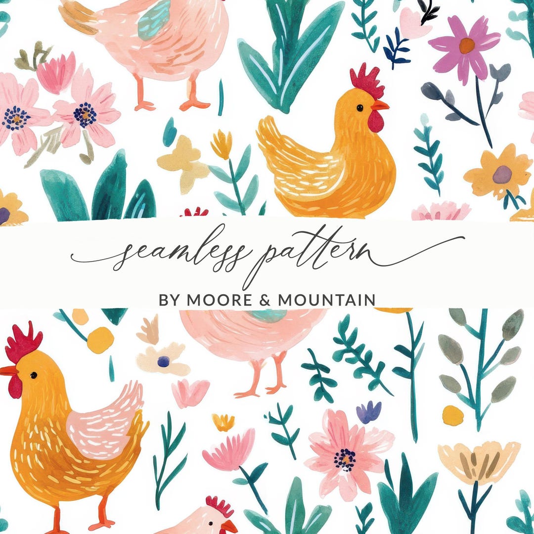 Chicken Pattern Digital Chicken Floral Digital Paper, Seamless Pattern, Spring Flowers Design ...