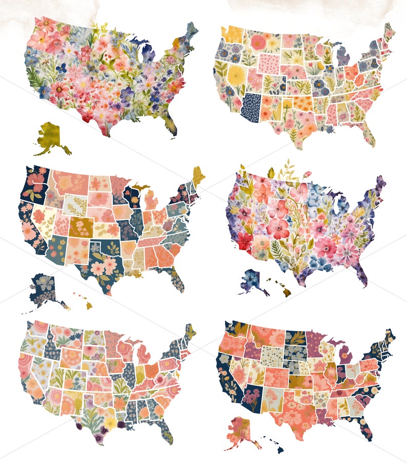 Patterned Maps Floral United States Clipart, Watercolor United States PNG Clipart ...