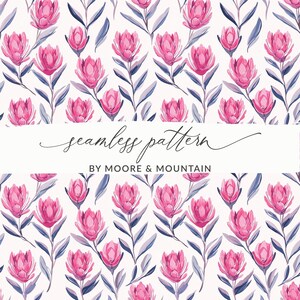 May include: A seamless pattern featuring pink protea flowers with blue-grey leaves on a white background. The text "seamless pattern" and "BY MOORE & MOUNTAIN" is displayed in the center of the image.