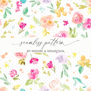 May include: A seamless pattern featuring watercolor flowers in shades of pink, yellow, and blue on a white background with black polka dots. The text "seamless pattern" and "BY MOORE & MOUNTAIN" is displayed on a white banner.