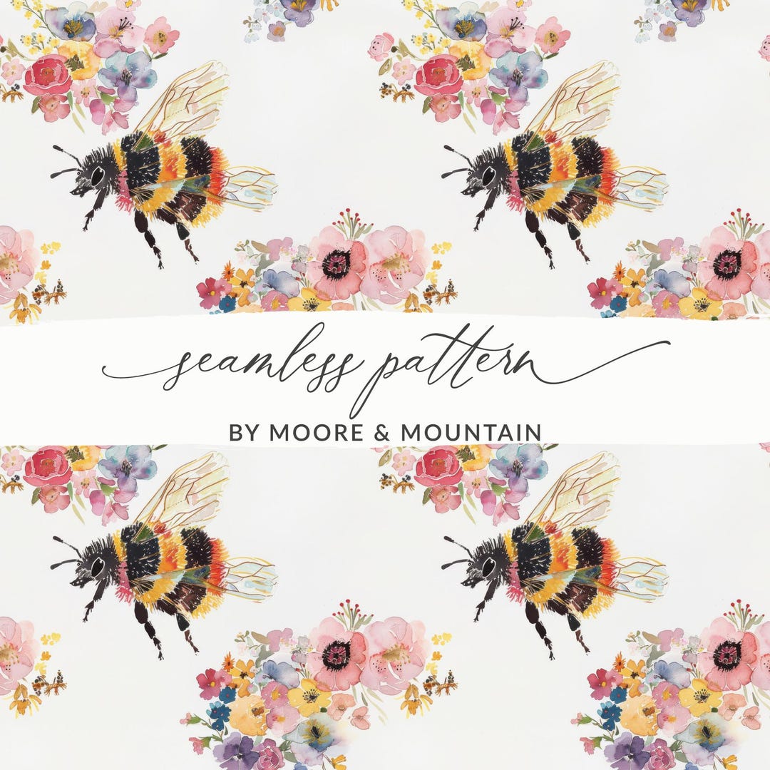 Bumble Bee Digital Paper, Watercolor Floral, Seamless Pattern for ...