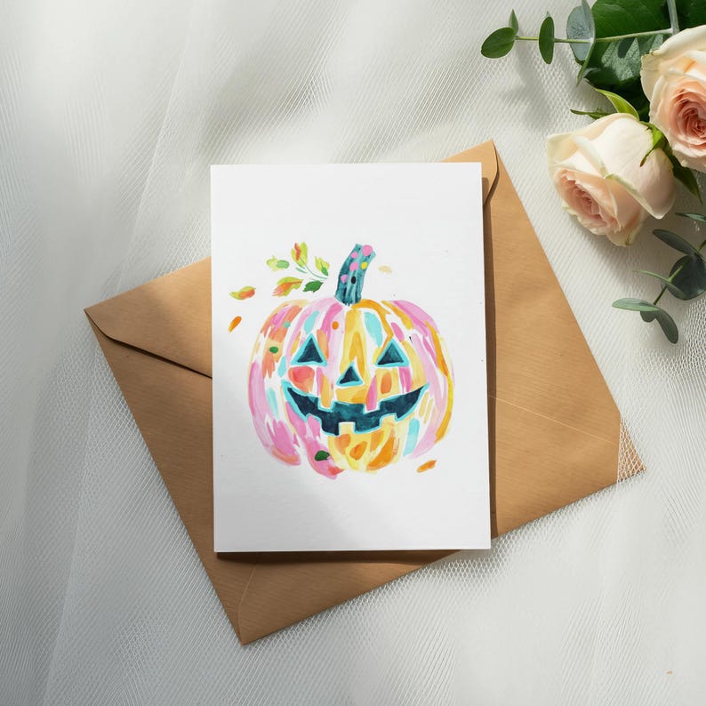 Colorful Pumpkin Greeting Card, Halloween Card, Jack O Lantern Artwork, Festive Autumn Greeting Card, Handmade Blank Card