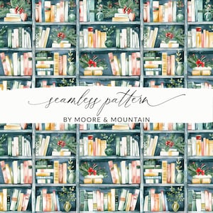 Puede incluir: Un patrón sin costuras que presenta una estantería llena de libros, vegetación y decoraciones navideñas. La estantería está pintada de azul oscuro y tiene un aspecto rústico y vintage. Los libros son de varios colores y tamaños, y algunos tienen letras doradas en los lomos. La vegetación es una mezcla de ramas de pino, acebo y bayas. Las decoraciones incluyen pequeñas bayas rojas, algunas pequeñas cajas blancas y algunos pequeños jarrones con plantas verdes. El patrón es perfecto para usar en una variedad de proyectos de manualidades, como telas, papel tapiz y papel de regalo.