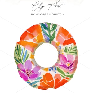Pode incluir: Uma ilustração digital da letra O com um padrão floral e botânico vibrante com pinceladas brilhantes em laranja, rosa e verde. O texto PNG + SVG Clip Art by Moore & Mountain e Instant Download + Commercial Use é visível.