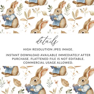 May include: A seamless pattern featuring watercolor illustrations of brown rabbits reading books, surrounded by green leaves and brown branches on a white background. The text "details" is written in black cursive font, followed by information about the image, including resolution, download availability, and commercial usage.