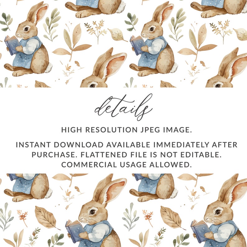 May include: A seamless pattern featuring watercolor illustrations of brown rabbits reading books, surrounded by green leaves and brown branches on a white background. The text "details" is written in black cursive font, followed by information about the image, including resolution, download availability, and commercial usage.