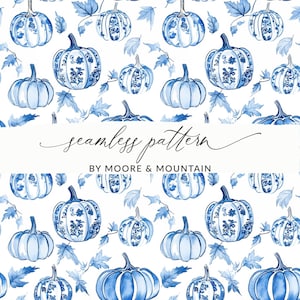 May include: A seamless pattern featuring watercolor pumpkins in shades of blue and white. Some pumpkins have floral designs. The design includes blue leaves and the text "seamless pattern" and "BY MOORE & MOUNTAIN".