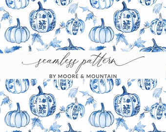 May include: A seamless pattern featuring watercolor pumpkins in shades of blue and white. Some pumpkins have floral designs. The design includes blue leaves and the text "seamless pattern" and "BY MOORE & MOUNTAIN".