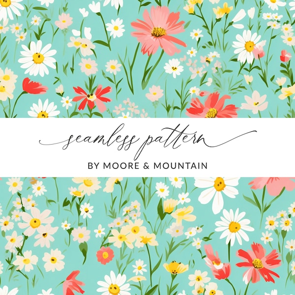 Cute Teal Floral Background Pattern, Cute Flower Background Seamless, Painted Ditsy Floral Background, Repeatable Pattern Mint Green Floral