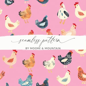 Cute Chickens Seamless Background Farmhouse Chicken Repeating Pattern, Homesteading Background PNG Trendy Seamless Chickens Pink
