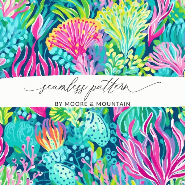 Sea Life Pattern, Ocean Underwater Background, Sea Anemone Pattern, Seamless Ocean, Preppy Ocean Background, Preppy Seaweed Pattern