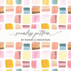 May include: Seamless pattern design featuring colorful watercolor blocks in shades of pink, yellow, orange, and blue on a white background. The text "seamless pattern" and "BY MOORE & MOUNTAIN" are also visible.