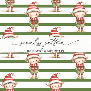 Puede incluir: Un patrón sin costuras que presenta un diseño repetitivo de duendes con gorros a rayas rojas y blancas, chaquetas verdes y bufandas rojas sobre un fondo de rayas blancas y verdes alternas. El texto "seamless pattern" y "BY MOORE & MOUNTAIN" está incluido en el diseño.