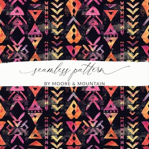 May include: A seamless pattern featuring a geometric design with pink, orange, and yellow triangles and chevron shapes on a black background. The text "seamless pattern" and "BY MOORE & MOUNTAIN" is written in white on a white banner.