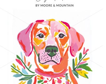 Preppy Colorful Dog Portrait, Digital Download, Labrador Art, Puppy Illustration, Pet Lover Gift, Dog With Flowers, PNG, SVG Digital File